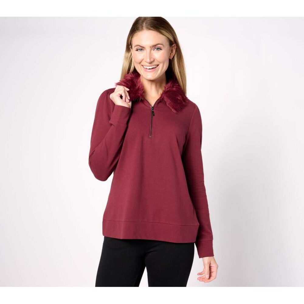 Revers-A-Brella Women's Top Sz S Faux Fur Half Zip Sweatshirt Red A655820